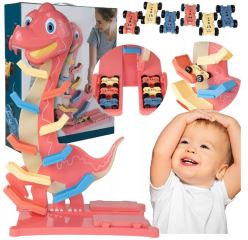 Veselá hrající autodráha/skluzavka Dino + 6 autíček, oranžová (3)