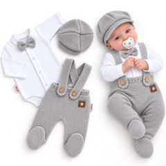 Pletená souprava Gentleman 3D, body, polodupačky s láclem, čepička, šedá