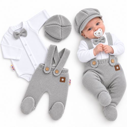 Pletená souprava Gentleman 3D, body, polodupačky s láclem, čepička, šedá (2)
