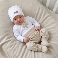 Bavlněná sada, body, kalhoty, motýlek a čepice Elegant Boy 5D, béžová/bílá (1)