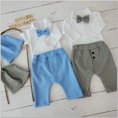 Z&Z 4-dílná sada Elegant Boy, body, kalhoty, motýlek a čepice, šedá/bílá (10)