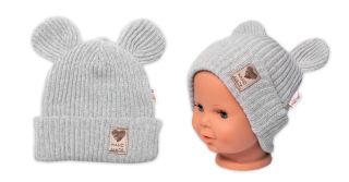 Pletená bavlněná čepice s oušky, dvouvrstvá, Hand Made Baby Nellys, šedá (2)