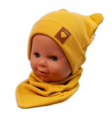 Baby Nellys Žebrovaná dvouvrstvá čepice s oušky + šátek TEDDY - hořčicová (1)