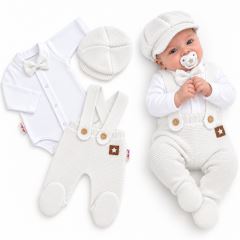 Pletená souprava Gentleman 3D, body, polodupačky s láclem, čepička, bílá, 56