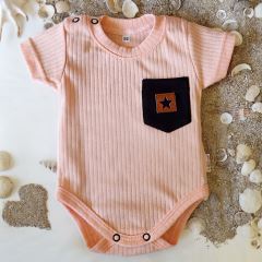 Baby Nellys Bavlněné žebrované body s kapsičkou, kr. rukáv, Summer Boy - meruňkové (1)