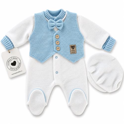 Pletený overálek Oliver s vestičkou a čepičkou Baby Nellys, bílá, modrá (1)