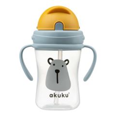 Lahvička/hrneček s úchyty a brčkem Medvěd Akuku 300 ml, šedá/žlutá