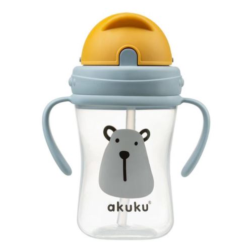 Lahvička/hrneček s úchyty a brčkem Medvěd Akuku 300 ml, šedá/žlutá