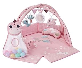 Hrací deka TinyMini Dino Pink s míčky – edukativní podložka pro miminka