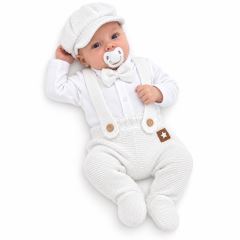 Pletená souprava Gentleman 3D, body, polodupačky s láclem, čepička, bílá, 56 (1)