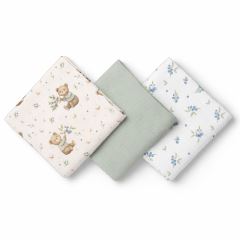 Mušelínové pleny pro miminko 3 ks 70 × 70 cm z jemné bavlny - zelené, Medvídek a borůvky