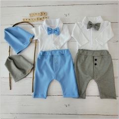 Z&Z 4-dílná sada Elegant Boy, body, kalhoty, motýlek a čepice, šedá/bílá (9)