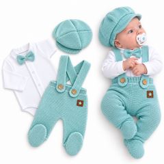 Pletená souprava Gentleman 3D, body, polodupačky s láclem, čepička, mátová