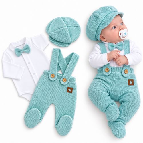 Pletená souprava Gentleman 3D, body, polodupačky s láclem, čepička, mátová (2)