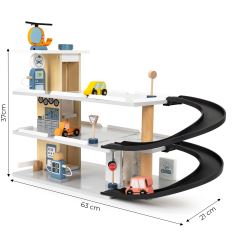 Dřevěná tříapatrová garáž s výtahem ECOTOYS, autíčka a helikoptéra (6)