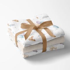 Mušelínové pleny pro miminko 3 ks 70 × 70 cm z jemné bavlny - béžové, Zajíček a balónky (4)