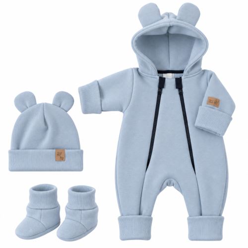 Oteplený dětský overal bez šlapek s kapucí, čepička + botičky, 3D, Kazum, modrý (4)