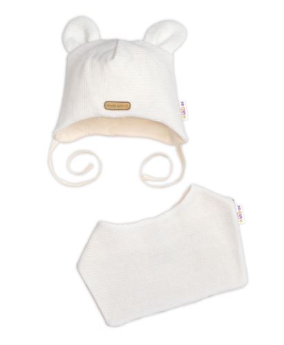 Pletená čepice s bavlněnou podšívkou a šátkem 2v1, Teddy Hand made - kokosové bílá