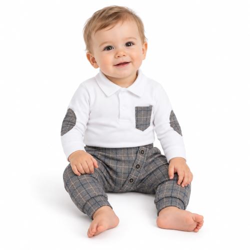 Baby Nellys 2-dílná sada Robert, tričko s dl. rukávem, kalhoty Baggy - šedé kárko, vel. 92 (1)