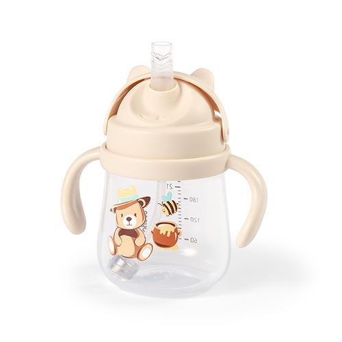 BabyOno Nevylévací hrnek se zátěžovým brčkem , 240 ml, béžová, Medvídek