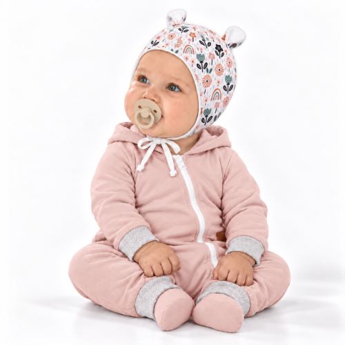 Baby Nellys Kojenecká čepička s oušky na zavazování - Palouček, bílá (1)