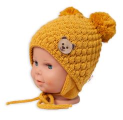 Zimní pletená čepice Teddy Bear na zavazování, hořčicová, Baby Nellys