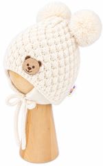 Zimní pletená čepice Teddy Bear na zavazování, ecru, Baby Nellys (3)