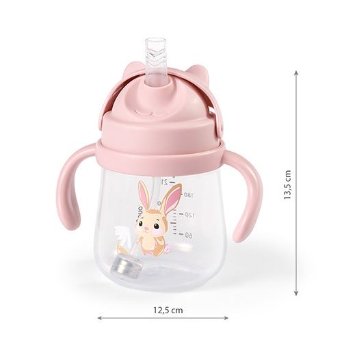 BabyOno Nevylévací hrnek se zátěžovým brčkem 240 ml, růžový, Zajíček