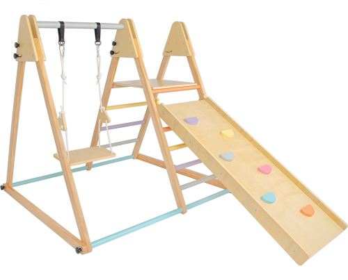 Dřevěná prolézačka s houpačkou a skluzavkou do pokoje, 2Kids Toys