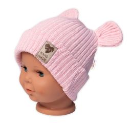 Pletená bavlněná čepice s oušky, dvouvrstvá, Hand Made Baby Nellys, růžová (1)