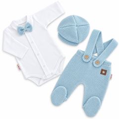 Pletená souprava Gentleman 3D, body, polodupačky s láclem, čepička, sv. modrá