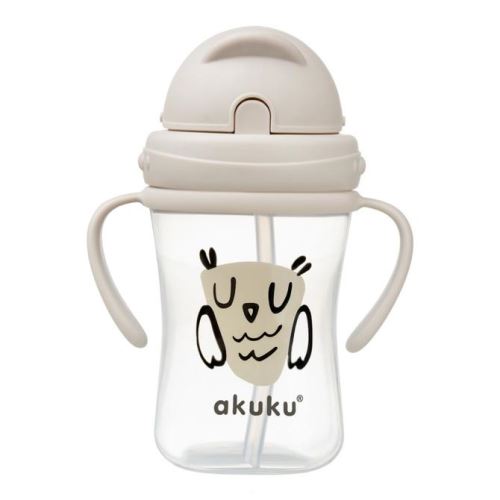 Lahvička/hrneček s úchyty a brčkem Sova Akuku 300 ml, béžová