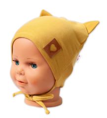 Baby Nellys Bavlněná dvouvrstvá čepice s oušky na zavazování FOX - hořčicová (1)