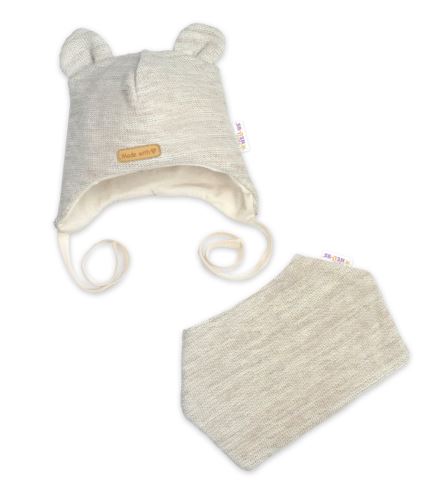 Pletená čepice s bavlněnou podšívkou a šátkem 2v1, Teddy Hand made - světle béžová