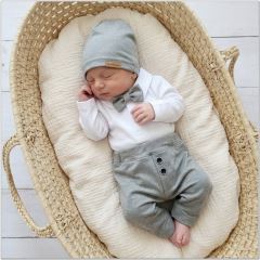Z&Z 4-dílná sada Elegant Boy, body, kalhoty, motýlek a čepice, šedá/bílá