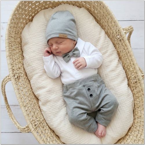 Z&Z 4-dílná sada Elegant Boy, body, kalhoty, motýlek a čepice, šedá/bílá
