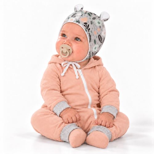 Baby Nellys Kojenecká čepička s oušky na zavazování - Palouček, mátová (1)