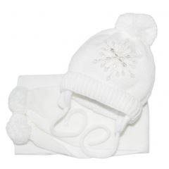 Zimní čepička s šálou - Sněhová vločka v bílé, 0-6m