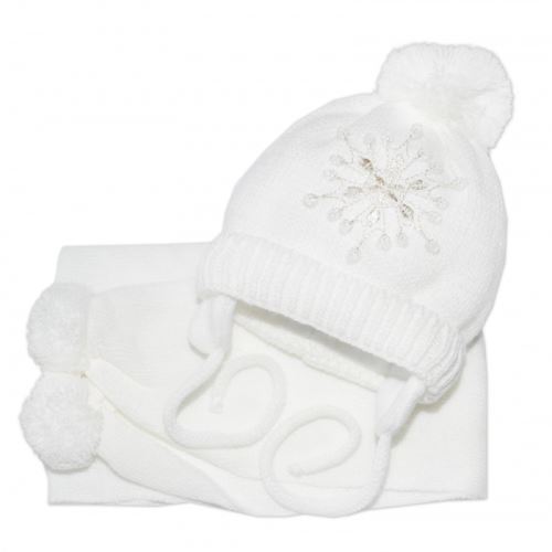 Zimní čepička s šálou - Sněhová vločka v bílé, 0-6m