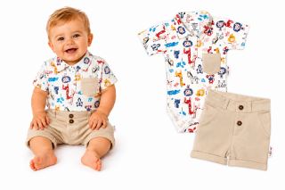 Baby Nellys 2-dílná sada body kr. rukáv, kraťásky, Safari - ecru/béžová