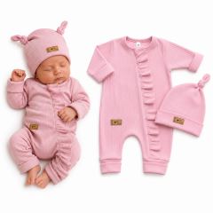 Kojenecká souprava Nature Girl – žebrovaný overal s čepičkou, 2D, 100% bavlna, baby pink (3)