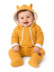 Baby Nellys Kombinézka s dvojitým zapínáním, s kapucí a oušky TEDDY - hořčicová