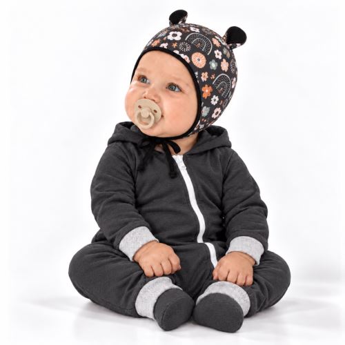 Baby Nellys Kojenecká čepička s oušky na zavazování - Palouček, grafit (1)