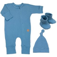 Rostoucí žebrovaný overálek, čepička a botičky, 3D, Nature -jeans (1)