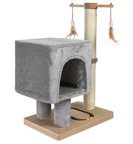 Škrabadlo pro kočky Cat Tree 64 cm s úkrytem – MDF, sisal, plyš, světle šedá