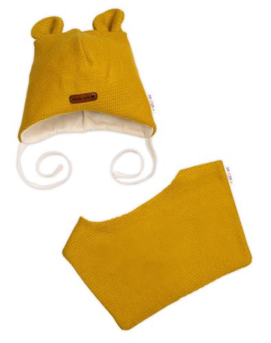 Pletená čepice s bavlněnou podšívkou a šátkem 2v1, Teddy Hand made - hořčicová