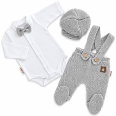 Pletená souprava Gentleman 3D, body, polodupačky s láclem, čepička, šedá