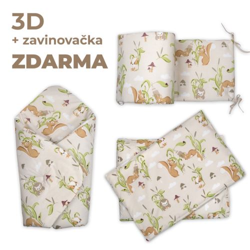 3D Mantinel s povlečením + zavinovačka zdarma, Veverky, béžová, šedá