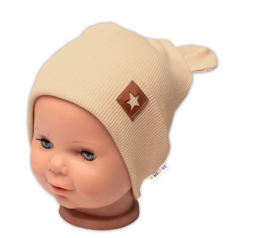 Baby Nellys Žebrovaná dvouvrstvá čepice s oušky TEDDY - béžová (2)