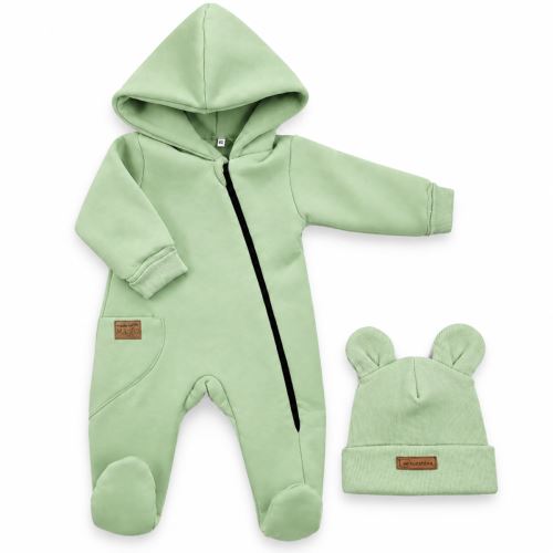 Oteplený dětský overal se šlapkama a kapucí + čepička, 2D, matcha (2)